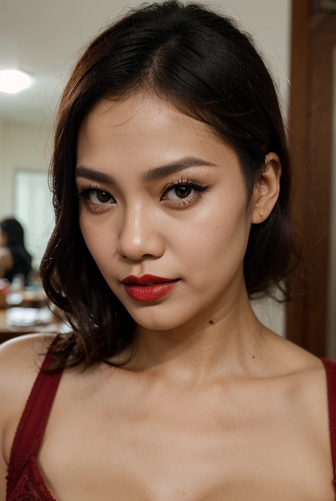 instagram photo, closeup face photo of 23 y.o Chloe in kebaya, Red Lipstick, sensual Lipstick, Sensational Make Up, cleavage, pale skin, (smile:0.4), hard shadows, Red G-STRING, bright lighting 