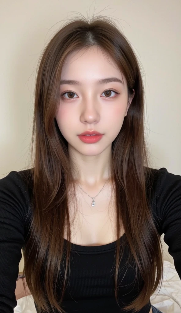 ((top quality, 4k, masterpiece :1.3)), (beautiful waist:1.4), very detailed face, detailed eyes, double eyelid, smiling face, long hair, She is one, (open shoulder t-shirt), (winter attractions in korea:1.4), (Cute T-shirt:1.4)