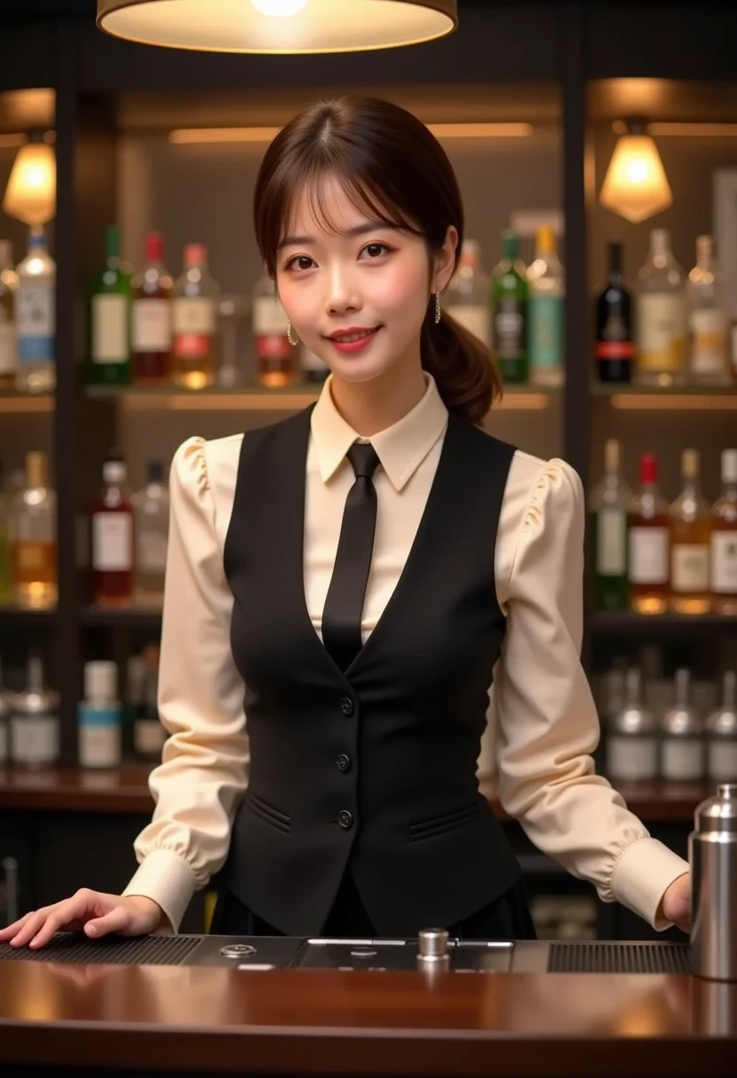 One lady、bars、Serving drinks、a smile、Bar clerk attire、Stylish bar、Stylish lighting
