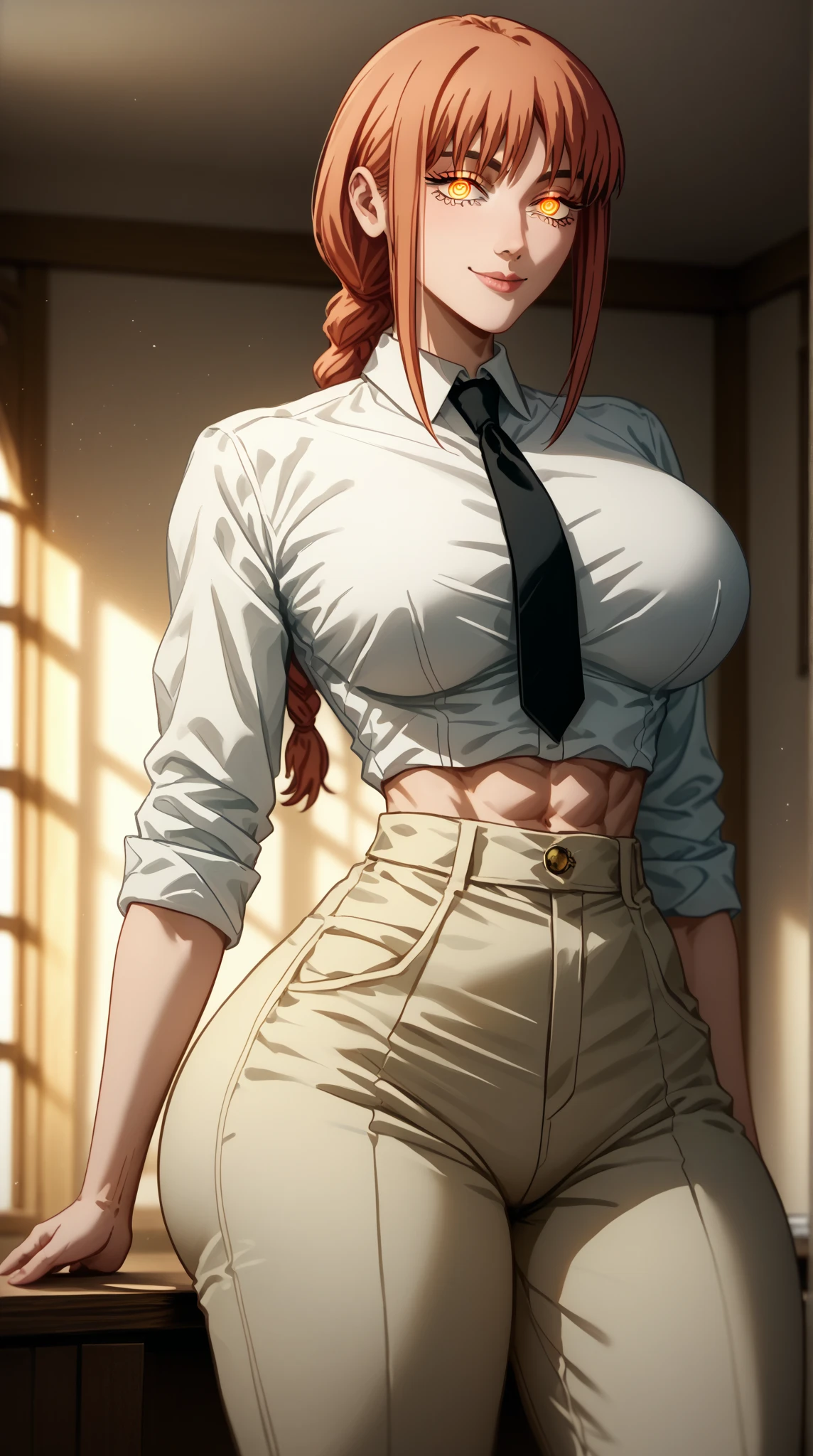 (masterpiece, best quality, detailed illustration, high resolution), ((1girl, solo)), ((huge breasts, slim waist, long legs, fit body, toned body)), ((brunette hair)), ((casual clothes)), ((full body, closeup view)), ((standing)), ((looking at the viewer, facing the viewer)), office setting, ((tanned skin)), oiled skin, ((large breasts, mature woman, mature female, mature lady)), ((braided hair)), (detailed eyes), ((standing)), ((good eyes, better eyes, expressive eyes)),