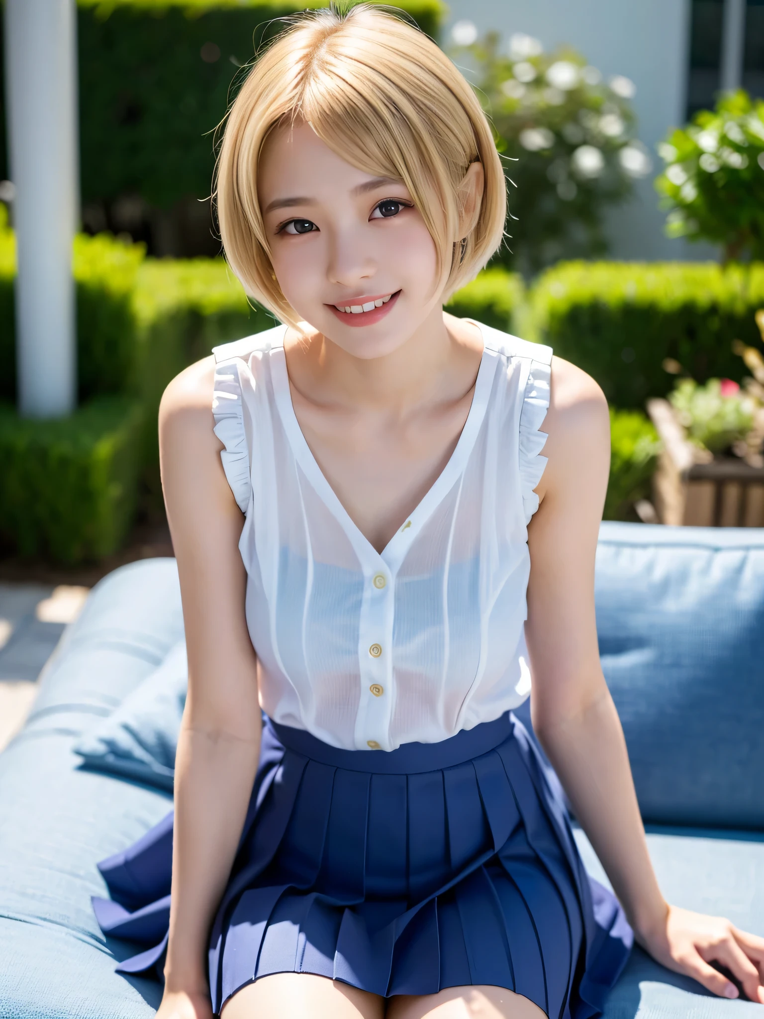 (best quality, 4K, 8k, highres, masterpiece:1.2), ultra-detailed, (realistic, photorealistic, photo-realistic:1.37), hyper detailed, extremely detailed, intricate details, sharp focus, physically-based rendering, professional, vivid colors, studio lighting、Japanese High School Girl、coy smile、Natural Makeup、((blond))、middlehair、Inward curl、White shirt、hot pants、Open shirt、topless、Emphasize cleavage、side boob、under boob、flat breasts、thick lips、flat chest、pierce、necklace、bracelet