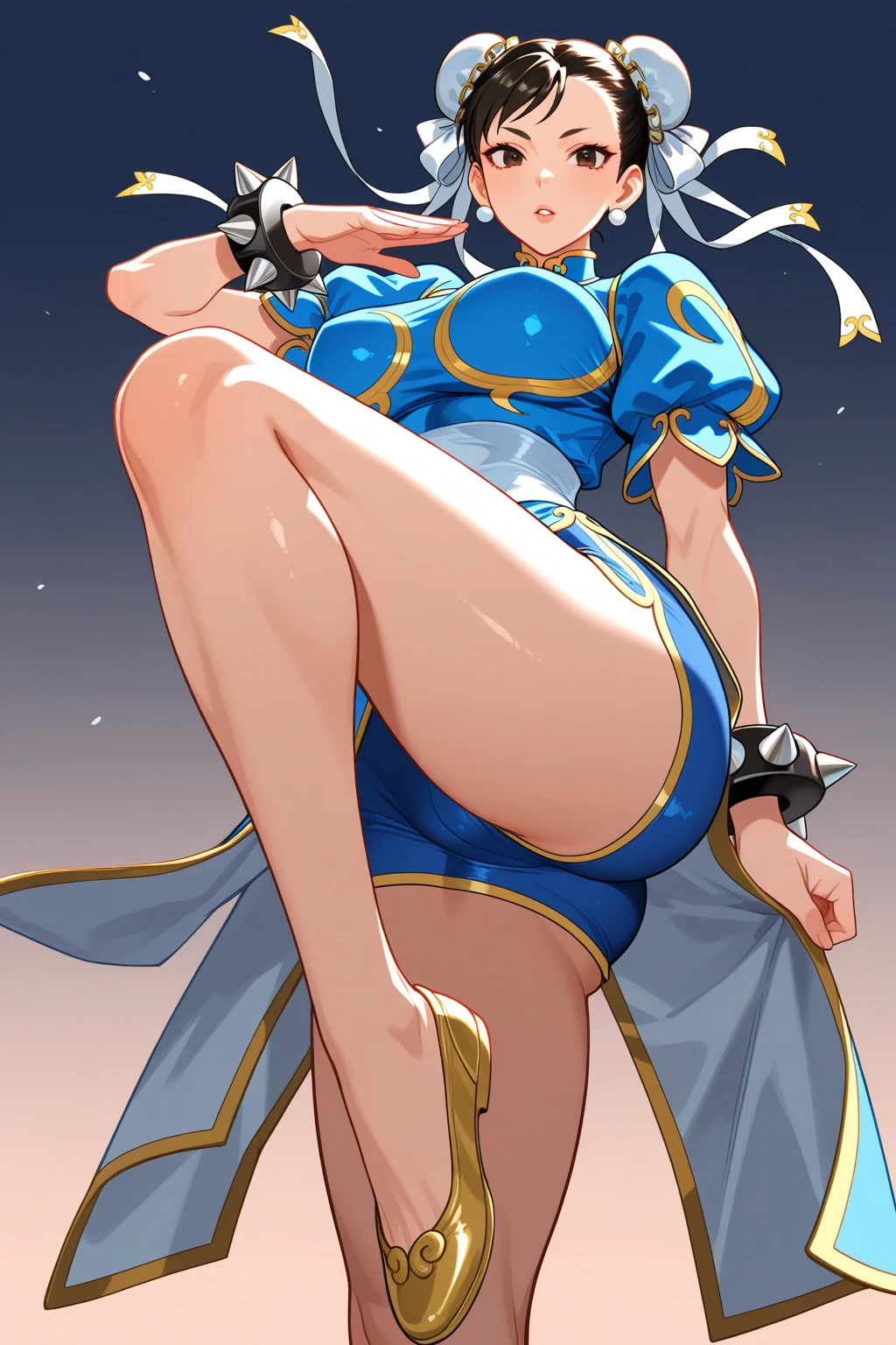 Highest quality, 8k, (One girl:1.3),(((Big Tits:1.1))), (Colorful illustrations:1.4), (masterpiece, Highest quality, Highest quality, Official Art), Very detailed, Most detailed, (Super detailed), ((Very delicate and beautiful)), ((Fisting, Chunli)), ((Fighter)), (headband), ((Straight punch)), ((ponytail))