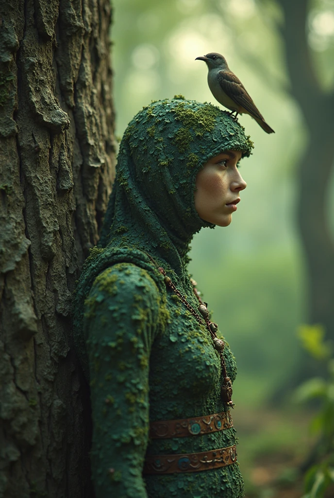 skin The forest guardian stands silently in an ancient tree, bird perches on her shoulder. The light is green and soft. mythical ecological fantasy style, Highly detailed texture and organic form, 4k nature narrative.