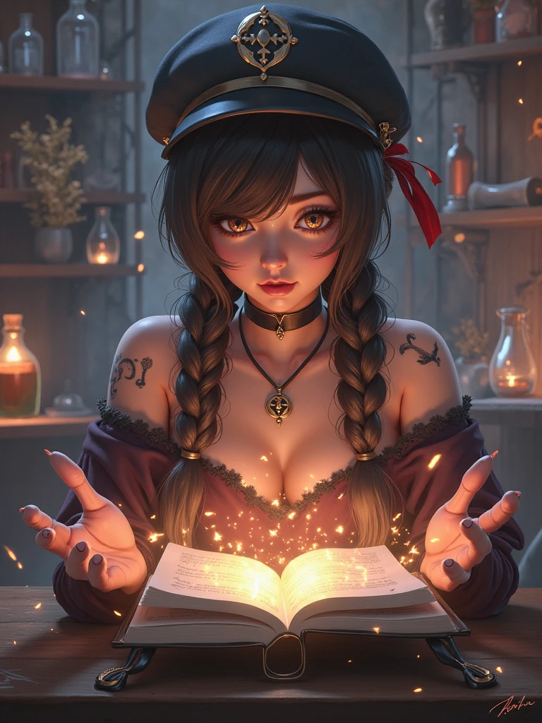 high resolution,Very meticulous,Amazing quality,masterpiece,Extremely aesthetic,gleam,particle effect,1 girl ,soio,Realisticstyle,Beautiful Eyes,mature face,bronze skin,Double Braided Ponytail,Tattooed with,手臂Tattooed with,Expose the top,Body Band,Mesh socks,dress,mage outfit,Mage hat,Collar,bare shoulders,naughty,Read books,magic book,casting spells,Magic on Hands,Magic on Hands能量,Mage Tower,Magic Lab,Smoky room,torches,Broken flag,Magic Potion on the Shelf,Glowing potion,Magical Energy on the Hand,Ghost Head,Magic Energy on the Hand,Summon Ghost,Girl Looking at Ghost,Ghost Looking at Girl,可爱naughty的幽灵,Surprised expression,is shocked,dyna