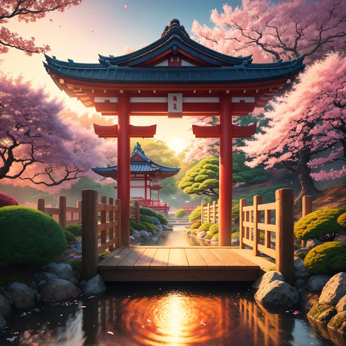 (digital painting),(best quality), serene Japanese garden, cherry blossoms in full bloom, koi pond, footbridge, pagoda, Ukiyo-e art style, Hokusai inspiration, Deviant Art popular, 8k ultra-realistic, pastel color scheme, soft lighting, golden hour, tranquil atmosphere, landscape orientation