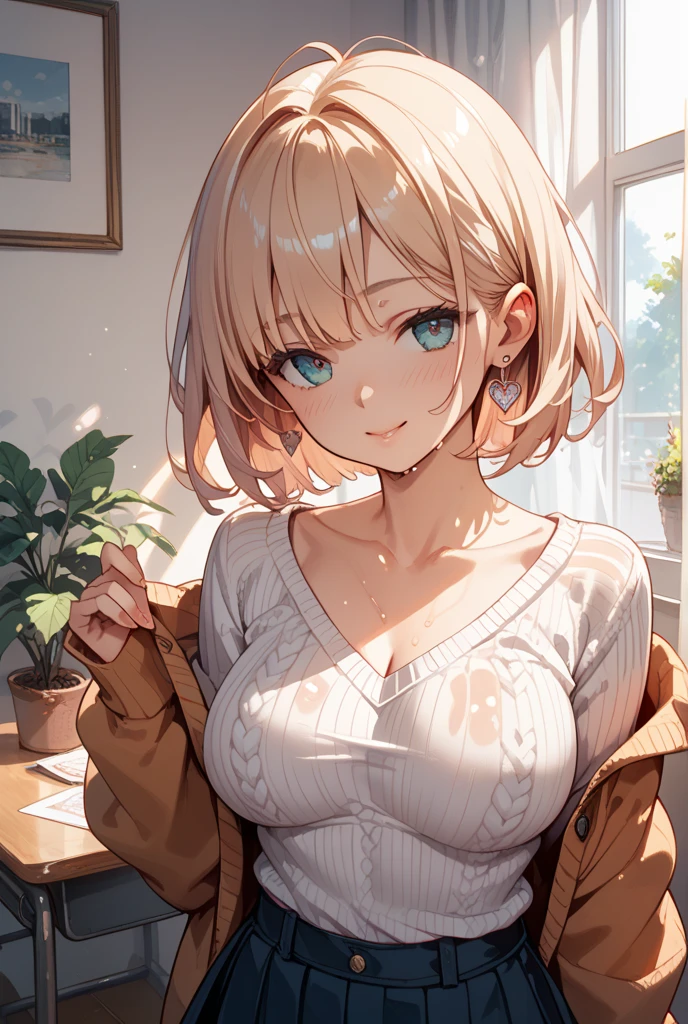 (masterpiece:1.2, top-quality), (realistic, photorealistic:1.4), beautiful illustration, (natural side lighting, movie lighting), nsfw,
looking at viewer, (face focus, upper body), cowboy shot, 1 girl, japanese, high school girl, perfect face, (perfect anatomy:1.4), cute and symmetrical face, white skin, shiny skin,
(short hair:1.2, straight hair:1.2, silver hair), bangs, blue eyes, big eyes, long eye lasher, (large breasts), slender,
beautiful hair, beautiful face, beautiful detailed eyes, beautiful clavicle, beautiful body, beautiful chest, beautiful thigh, beautiful legs, beautiful hands,
(detailed cloth texture, open cardigan, beige long cardigan, dark brown duffel coat, white knit sweater, black tight skirt),
(beautiful scenery), winter, evening, (dining room, dinner is lined up on the dining table, window), sitting chair, (lovely smile, upper eyes, parted lips),