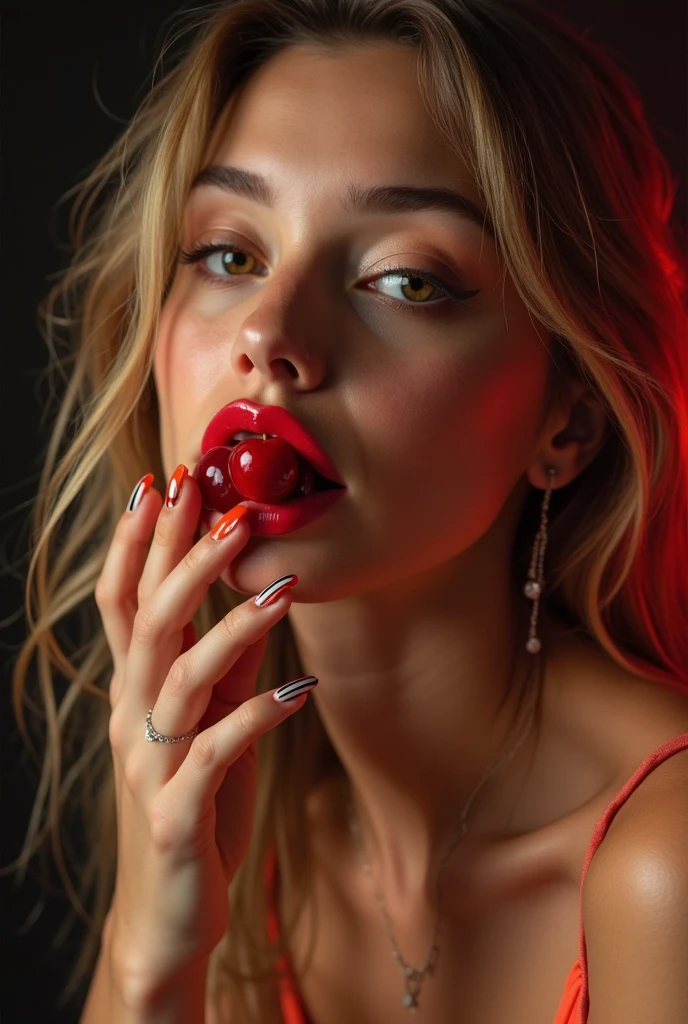 The blonde，Holding something in his hand，No need to show this thing，lipstick on lips, Wear suspenders，website banner, background artwork, Sensual lips, banners, lusciouslips, The background is red, Alluring dark red background, kisses, beautifullips, Background image, red lip stick, ornate backdrop, background bar, full lips