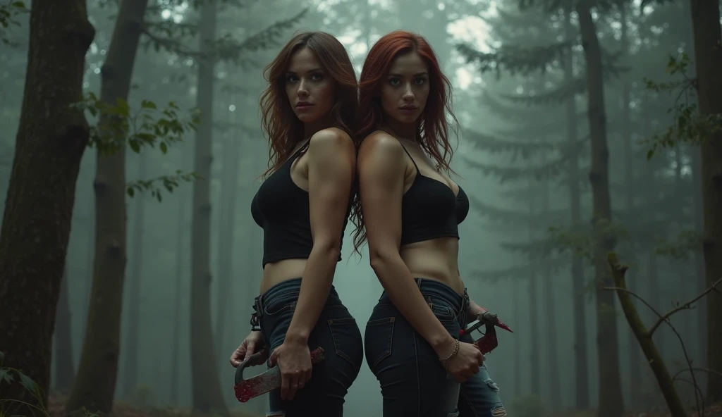 a beautiful redhead woman in the woods at night big tits tight tank top and a very short tight skirt casting a spell kissing