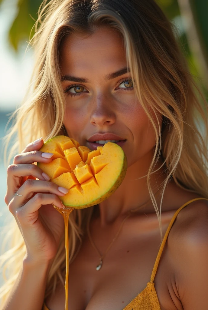arafed woman in a bikini holding a grapefruit in her hands, by Alexis Grimou, half body cropping, she is eating a peach, her belly button is exposed, holding a tangerine, beautiful detailed body and face, close up half body shot, belly button showing, with tattoos, topless, giorgia meloni, inspired by Jacopo Bellini