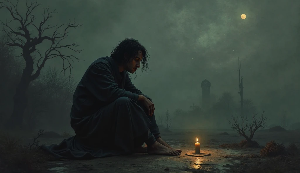 "Create a dramatic image of Job sitting on the floor, alone around dark clouds, with torn clothes and an expression of deep despair on his face. The surrounding environment must be a desolate desert, without vegetation, with a cloudy and dark sky. Lighting should be minimal, with deep shadows that enhance the atmosphere of darkness and abandonment. Add an unlit lamp or candle next to Job, symbolizing lack of hope, and scatter ashes around you. Include markings on the ground around Job to emphasize his state of suffering and internal struggle.  
