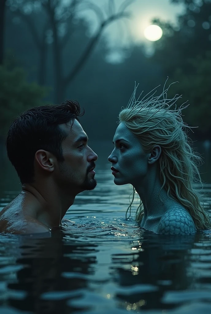 6'6 tall beautiful merman (male) with pale skin slim body and white long lushy hair and masculine dark face with long fishtail inside a water glass tank floating nd a 6'2 man, masculine hansome dark facial features standing on the other side with half buttons off from his black tshirt. They are looking at eachother 