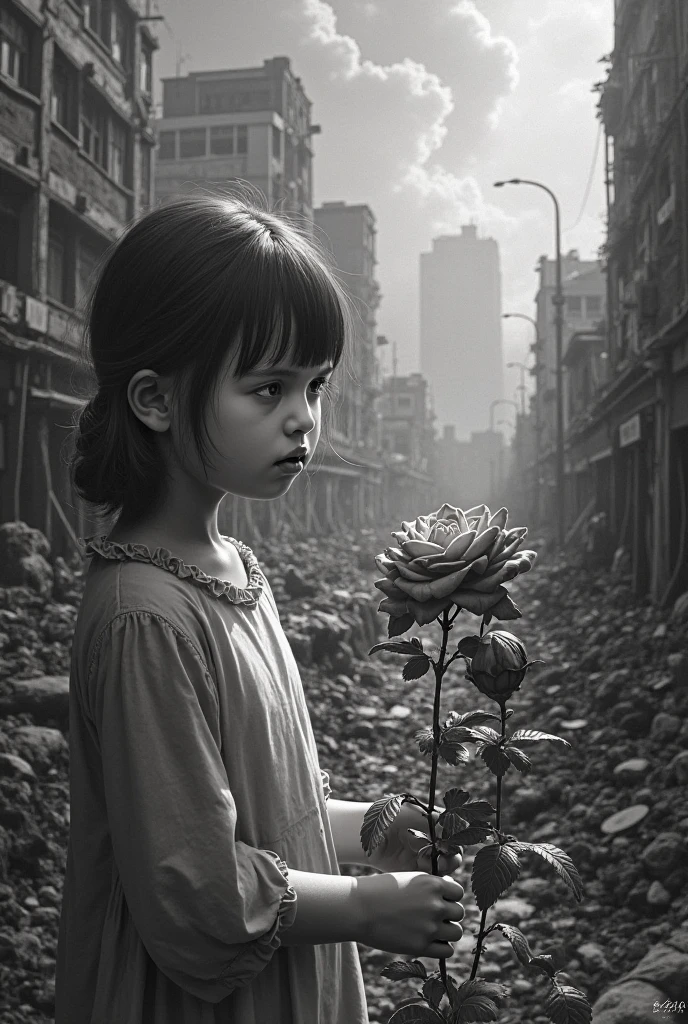 masterpiece, best quality, illustration, {beautiful detailed girl}, beautiful detailed glow, (flames of war: 1.2), (nuclear explosion behind: 1.3), rain, detailed lighting, detailed water, (beautiful detailed eyes: 1.1), featureless , palace, azure hair, messy hair, long bangs, hair between the eyes, (white and gray dress: 1.1), black ribbon, white bow ties, belly, big forehead, blank look, flower, long sleeves