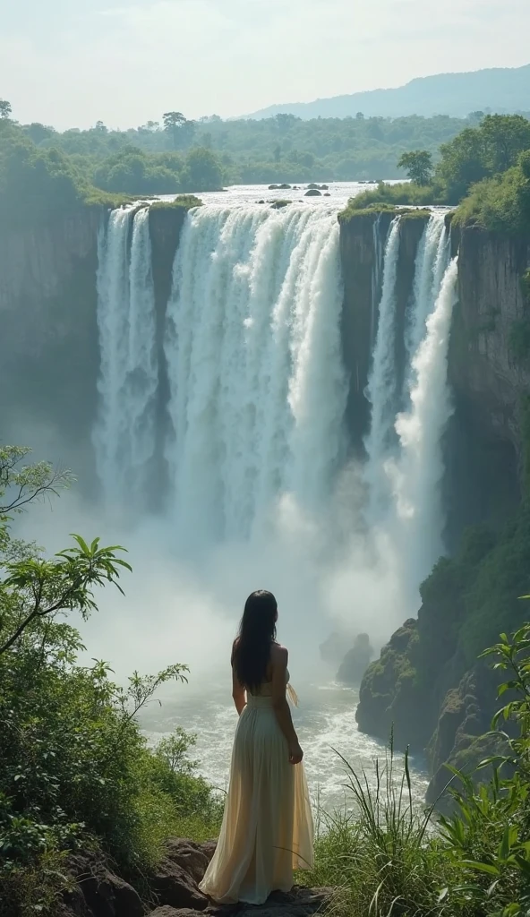 highest quality, masterpiece, Ultra-high resolution, (Actual:1.4), Original photo, 8k, 1 naked girl, completely nude, exquisite makeup, perky breasts, shiny white skin, High heels, Bright and beautiful, dark brown hair, earrings, necklace, full body shot, standing, Iguazu Falls background, South America