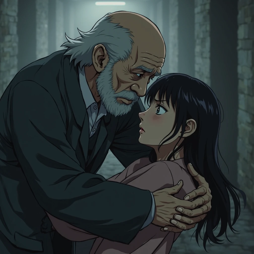A young woman with long black hair, 18 years old, embracing a slightly elderly man in his 60s