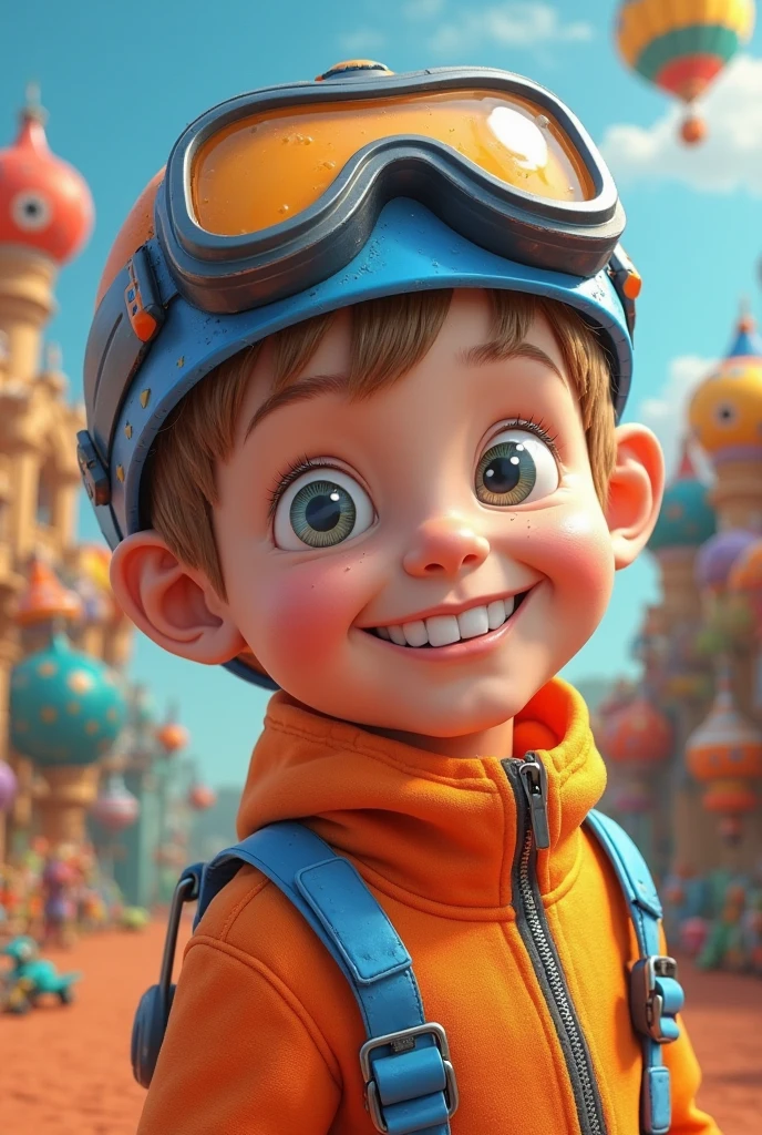 Create an image of a boy, with beautiful face, big brown eyes, hair shaved on the sides and short on top, light brown color, beautiful smile with semi-thin lips, hotweels racing racer dress with a logo that says "lucas protagonist"
