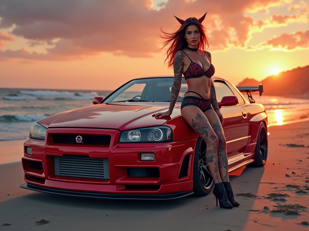 A girl wearing a driving suit , Sit on a car hood, Race Queen,, Racetrack at Night, Neon lights , Spotlights, blushing face , Dark and purple hair, Eye Shadow,, Shiny Hair (Best quality:1.1), (Masterpiece:1.4), 1fille, (cheveux volumineux)+ , ((cheveux)++, cheveux longs , (Yeux Bleux) , (big lips)+, peau brillante, brillant, Detailled car, High resolution, good proportions