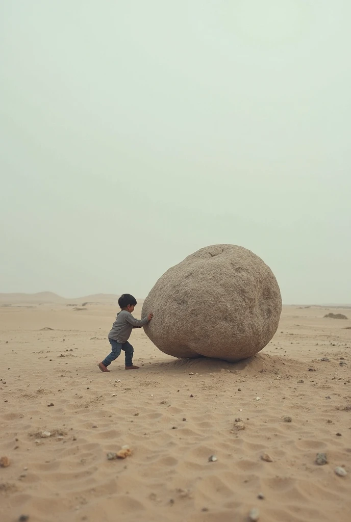 A kid trying to move a big rock which is 10 times bigger than his size