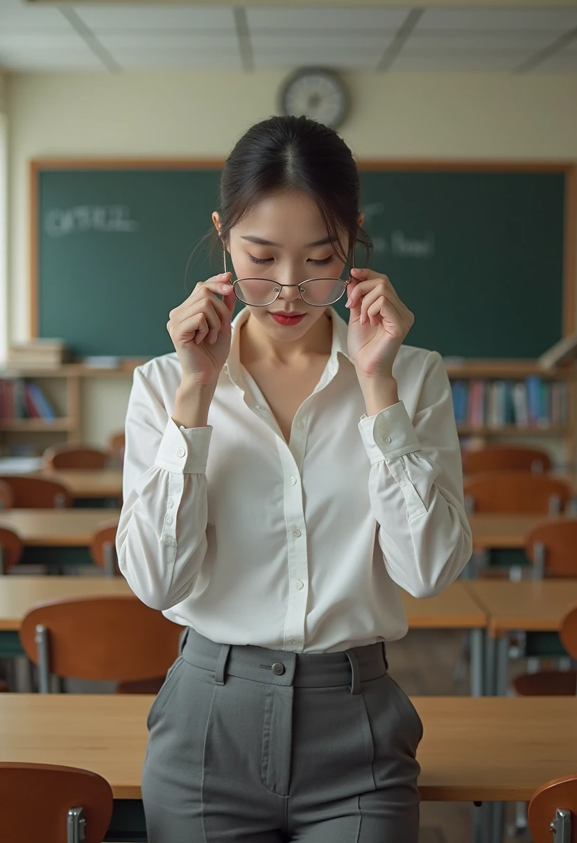 create another photo with this same woman, the photo has to be a little far away, she is dressed as a teacher, wearing glasses and a bun