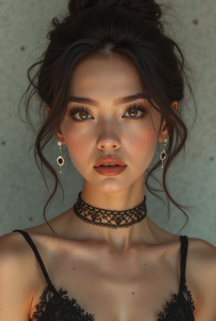 [(ulzzang 6500:0.1), (pureros:0.1):-0.05], (hyper realistic:1.25), (photo realistic:1.3), (dynamic pose:1.2), (masterpiece:1.2), (best quality:1.15), (1girl:1.2), (solo:1.2), (erotic:1.2), (korean mixed, kpop idol:1.3), (masculinity:1.25), (angular face:1.2), (choker+short skiny_outfit vintage gothic frill dress:1.1), (femme fatale:1.3), (upturned eyes:1.3), (thick eyebrows:1.1), (long Eyelashes+smokey eyeliner+eyeglitter+red eyeshadow+gloss lips+erotic sexy glitter makeup:1.1), 15 years old girl, teenager, (depth of field:1.1), (supreme quality beautiful face:1.3), (supreme quality beautiful bright eyes:1.3), (supreme quality hyper realistic texture human skin:1.3), (freckle, flush, blemish, fine wrinkles, pores, veiny, complexion:1.12), (lively skin, rough skin, dirty skin:1.15), (hyper extreme supreme quality beautiful women:1.1) (complete eyes, complete face:1.1), (realistic lighting, cinematic lighting:1.1), (simple background:1.25)