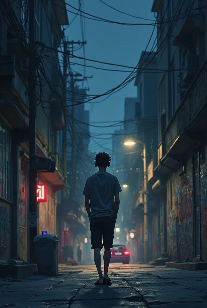 A blue-eyed teenager,maroon hair, wearing a red headband, in white shirt, black jeans, red sneakers, looking at a city on top of a mountain while it rains, logo with the name Hero Life