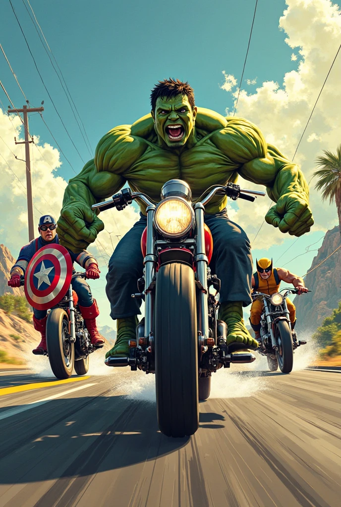 marvel's Hulk ride small bicykle down the street, abstract, caricature