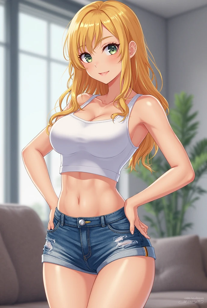 (masterpiece, best quality), 1girl,  <lora:yoshidasaki-nvwls-v1:0.8>altSaki, blue eyes, blonde hair, star earrings, leopard print bra, camisole, midriff, denim shorts, tan
