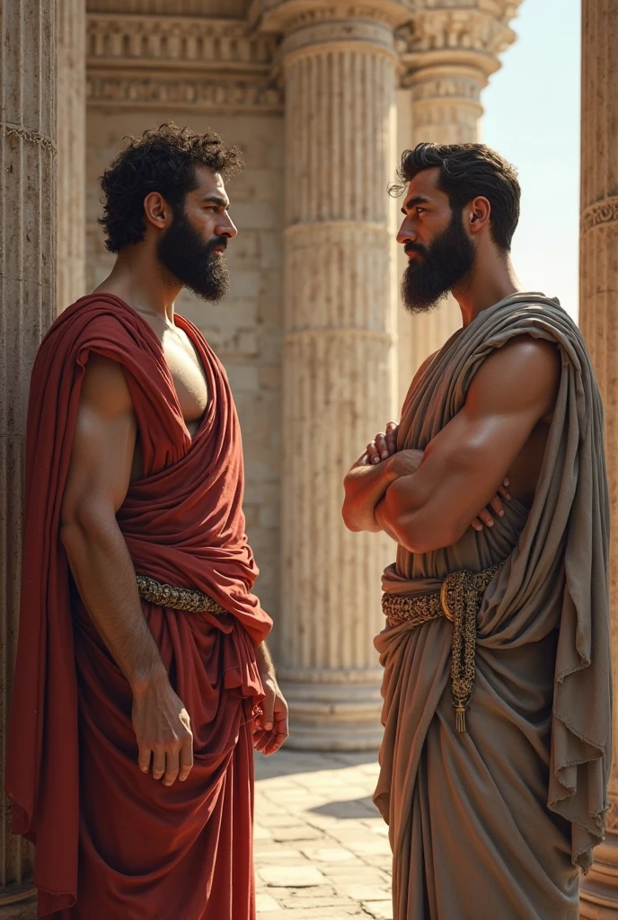 In a grand Roman forum, two male stoic philosophers with well-proportioned, attractive physiques are depicted engaged in a serious, yet respectful conversation. Both men are dressed in classic tunics in muted earthy tones—grey, brown, and olive green—with subtle gold or copper accents. The camera captures a medium shot of them leaning slightly towards each other, their body language and intense gazes indicating a deep intellectual exchange. The setting features majestic Doric columns and the Forum's grandeur, bathed in warm, golden light that highlights their presence and suggests a strong, respectful friendship. The shallow depth of field focuses on their engaging conversation while softly blurring the background, emphasizing their connection and the historical context.
