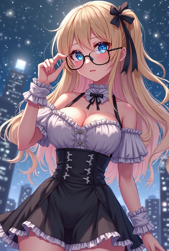 finest image, anime manga illustration style, colorful and soft watercolor painting, portrait, intelligent sexy beauty, amorous expression, lewd expression, laugh, happy, shy, light blonde glossy flowing layered iridescent hair, blue sparkling big eyes, red alluring moist big thick lips, unbuttoned white shirt, black miniskirt, black pantyhose, see-through red lace lingerie, glasses, great proportion, professional lighting