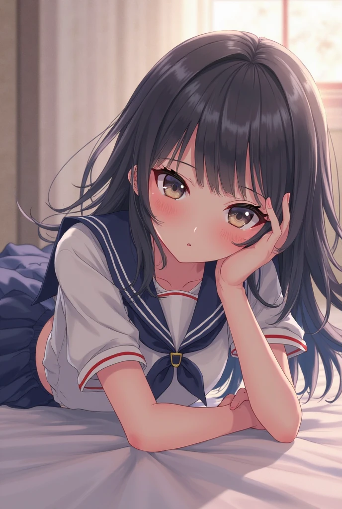 Beautiful girl at 13 years old,Japanese,,,Small and slim,Flat Chest,Small breasts,Baby Face,Small face,Black Hair,Twin tails,Grey Eyes,middle School girls,uniform,skirt lift,open mouth,tongue out,Beautiful and detailed anime art,puzzled look,high angle, looking at viewer, looking ahead, from above,cowboy shot,Sexy vibe,cum on tongue,On the bed,
