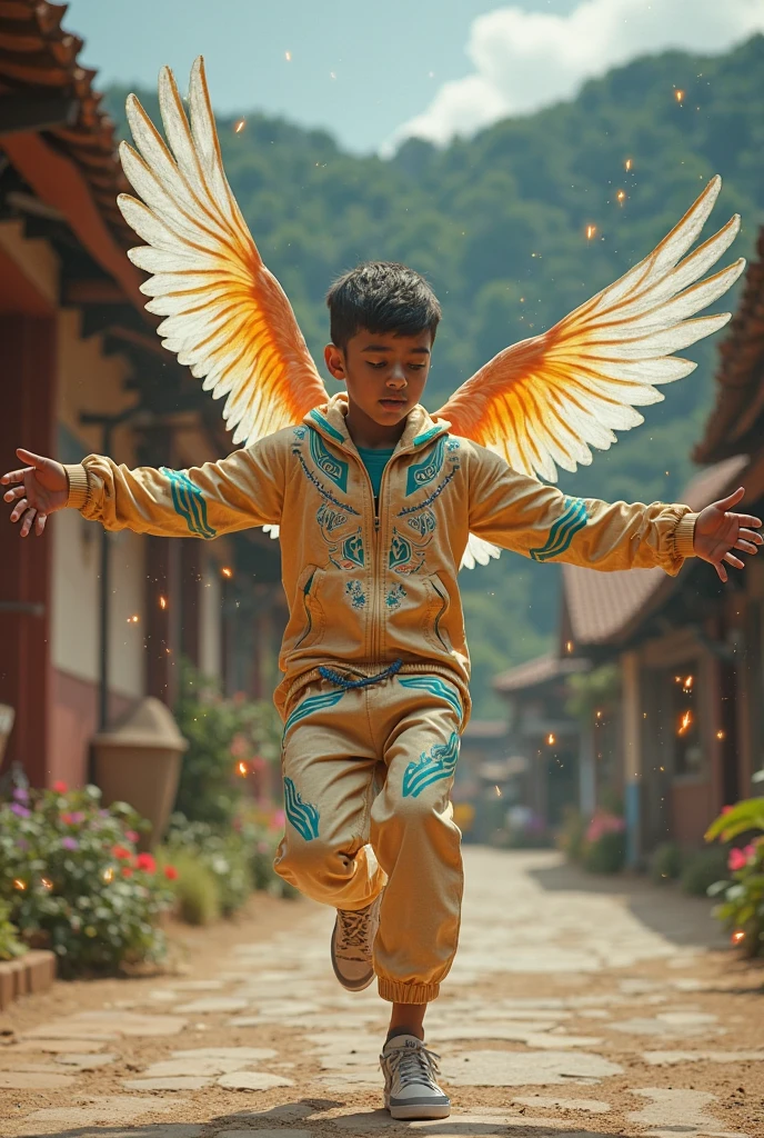 arafed boy standing on two wooden stumps in front of a painted wall, winged boy, his arms spread. ready to fly, standing on two legs, spreading her wings, huge wings growing out of arms, an angel standing still, spread wings, wings spread, giant wings, epic angle and pose, style steve mccurry, an angel, standing on two feet