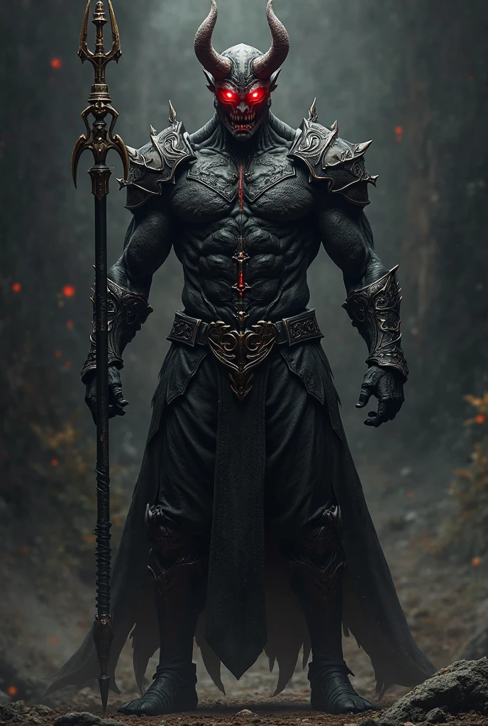 Devil With black skin colour and
red eyes and sword in hand
He should has six pack abs