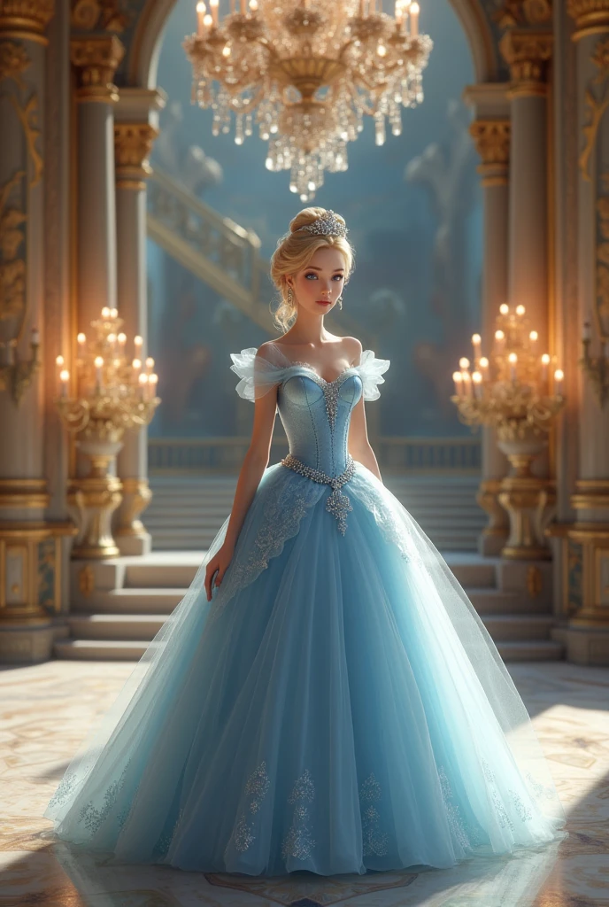 Portrait of Greer Grammer as Cinderella in a stately and elaborate Victorian ballgown adorned with bows, with (((enormous puffed sleeves))), an hourglass waist, and a (((huge crinoline hoopskirt))),