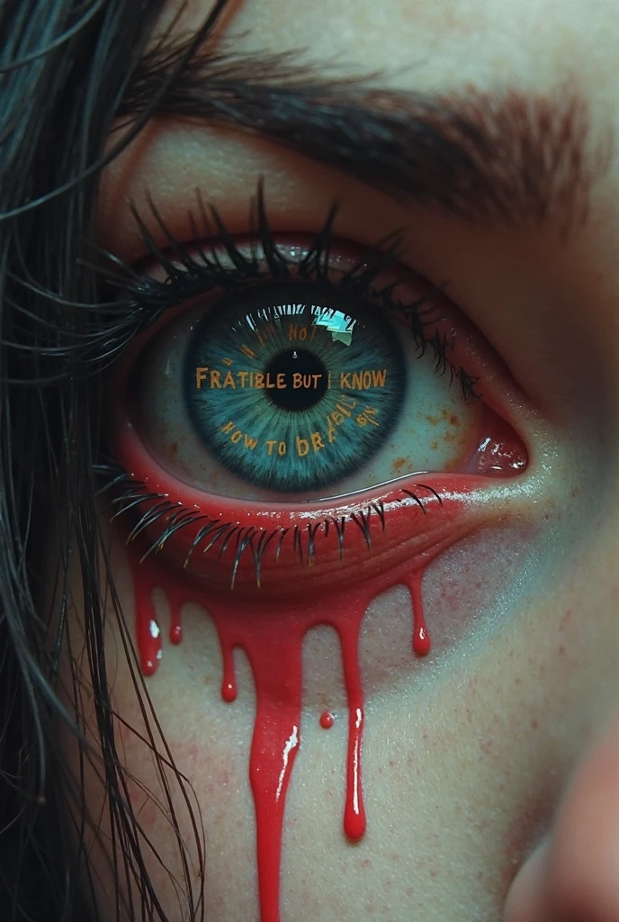 A close-up portrait of a person with a somber and intense expression. The subject's face is partially obscured by dark, hollowed-out eyes, which are the focal point of the image. The eyes are a deep shade of black, contrasting sharply with the pale complexion of the skin. A thin, blood-stained red streak runs diagonally across the face, adding a sense of urgency or drama. The background is muted, with a soft, neutral tone that allows the subject to stand out prominently. The lighting is soft yet directional, casting subtle shadows and highlighting the contours of the face. The overall style of the photograph leans towards a dramatic and evocative portrayal of a crime or thriller genre.