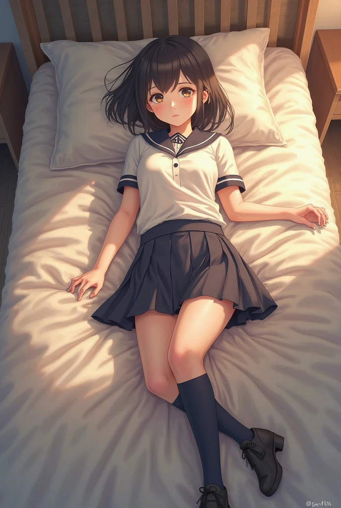 in Japanese school clothes, lying on the bed with legs open
