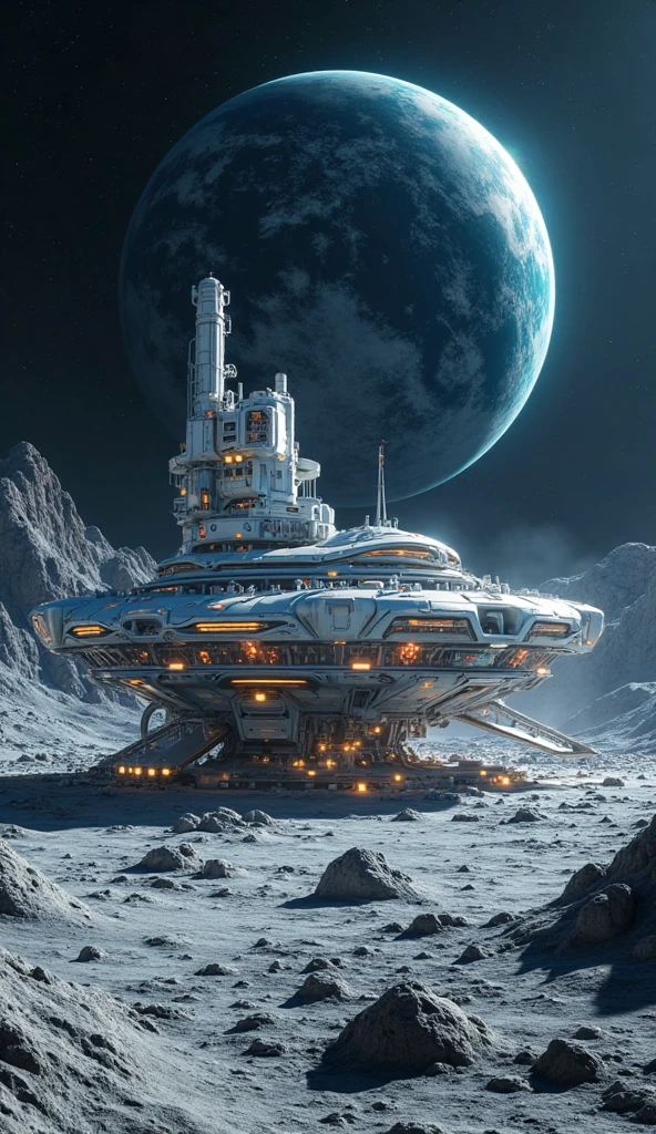 “Futuristic moon base glowing at night, Earth in the sky, 4K ultra realistic lighting”