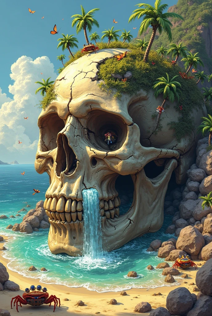 A tropical island, a gigantic human skull shaped cave opens up to the ocean, strange trees and animals grow on the island, fog hangs thin over the isle
