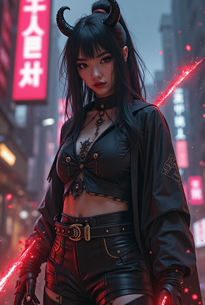 a woman in a black and red outfit standing on a city street, female cyberpunk anime girl, cyberpunk anime girl, anime cyberpunk art, cyberpunk anime girl in hoodie, badass anime 8 k, cyberpunk anime art, digital cyberpunk anime art, gothic city streets behind her, digital cyberpunk - anime art, cyberpunk femme fatale, by Yang J, gothic - cyberpunk