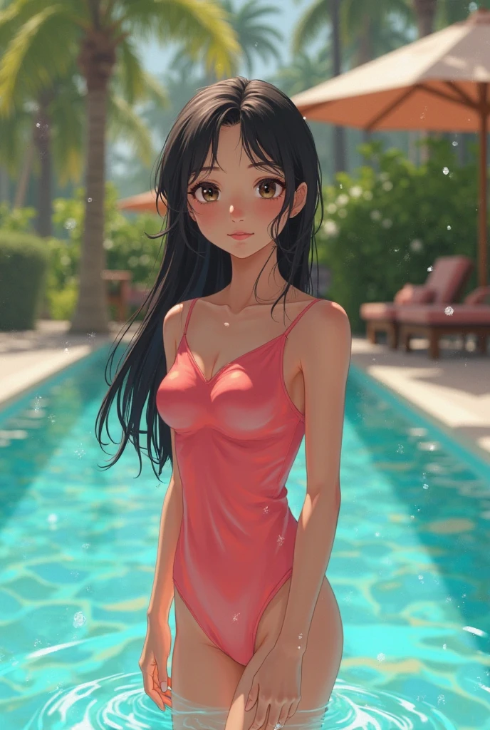 Beautiful 13 year old Indian teenage girl, long hair, tiny bikini, Japanese rural street, cherry blossoms, sunrise