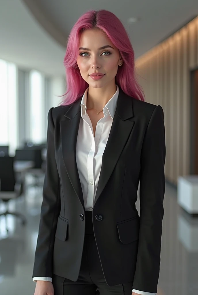 beautifull woman with long pink hair, wearing a black top and a gray thigh-length tight skirt, office clothes, business clothes, wearing business casual dress, grey skirt, elegant clothes, high-waist-Gray-skirt, business outfit, casual business outfit, fashion model, sophisticated dress, skinny waist and slim hips, enthusiastically doing her job,pose , for the photoshoot,cinematic lighting