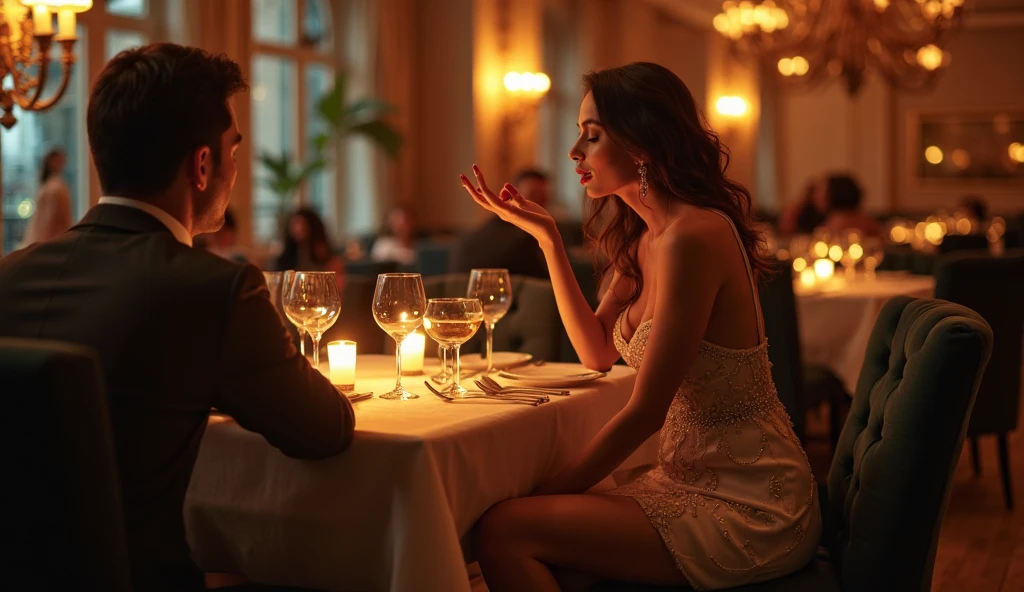 (photorealism:1.2), beautiful woman, hotwife, sitin a table close to husband friend while seducing him in front of husband