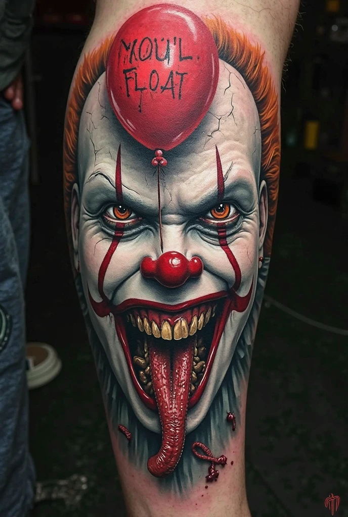 Tattoo of an evil clown with a happy face mask split in half ,that a sad face can be seen from the broken part

