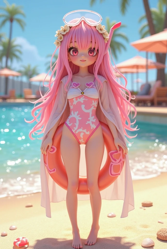 (realistic type image) a Japanese girl with long, almost white pink hair. Tiene tres branquias de Ajolote a cada lado de su cabeza y lleva un bikini blanco que de bikini top sale un vestido transparente. The girl has the tail of an Axolotl, that is to say, like that of a tadpole (long tail with a translucent membrane on top) almost white pink color. The girl&#39;s hair covers one of her eyes. The girl is on the bank of a river and the part of the "brazier" The bikini is accompanied by a translucent dress. The most important thing is the pink gills on its head.. Also in the "brazier", I mean, bikini top, has a white bow 