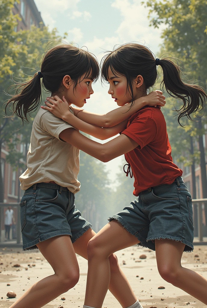Create an image of two girls engaged in a heated fight. One girl is pulling the other's hair while the other is trying to defend herself with one hand and pushing her opponent with the other. The setting is outdoors, with a grassy background, some trees, and scattered onlookers in the distance. Both girls have angry expressions, their clothes slightly disheveled, and the intensity of the moment is captured in their body language. The sky above is slightly overcast, adding to the dramatic atmosphere."