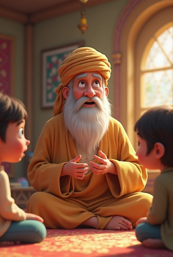 An old Muslim men’s telling story to many childrenin animated of mud for kids