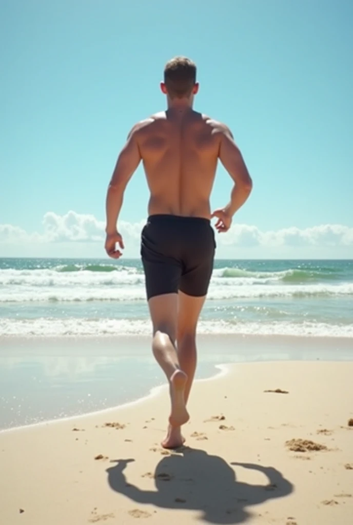 a blonde young male running on a beach, sky partially clouded, small dunes o sand