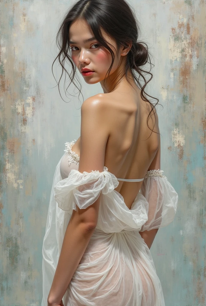 Full Body image, from behind, Head to toe, Snow White, completely naked, bright blue eyes, tender features, slender, completely naked, looking back over her shoulder, earrings, dark, stained wall in the background, oil painting in the art style of Boris Vallejo, 3D, 32k UHD, Hyper realistic, extremely colorful, vibrant, photorealistic, realistic, sharp, highly detailed, professional quality, beautiful, awesome, majestic, superb, trending on artstation,