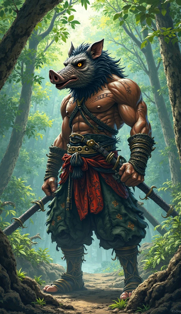 A man with the head of a boar, holding a sword in each hand, his skin is beige, he is wearing black pants and straw around his waist, and the background is a forest. The boar&#39;s hair is gray.