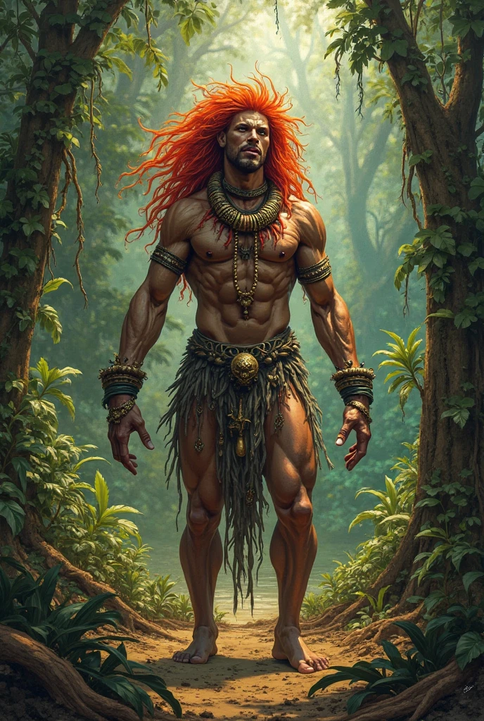 Creation of the Curupira from Brazilian folklore in the Amazon rainforest, with a serious expression , feet backwards and vibrant red hair with human features and adult