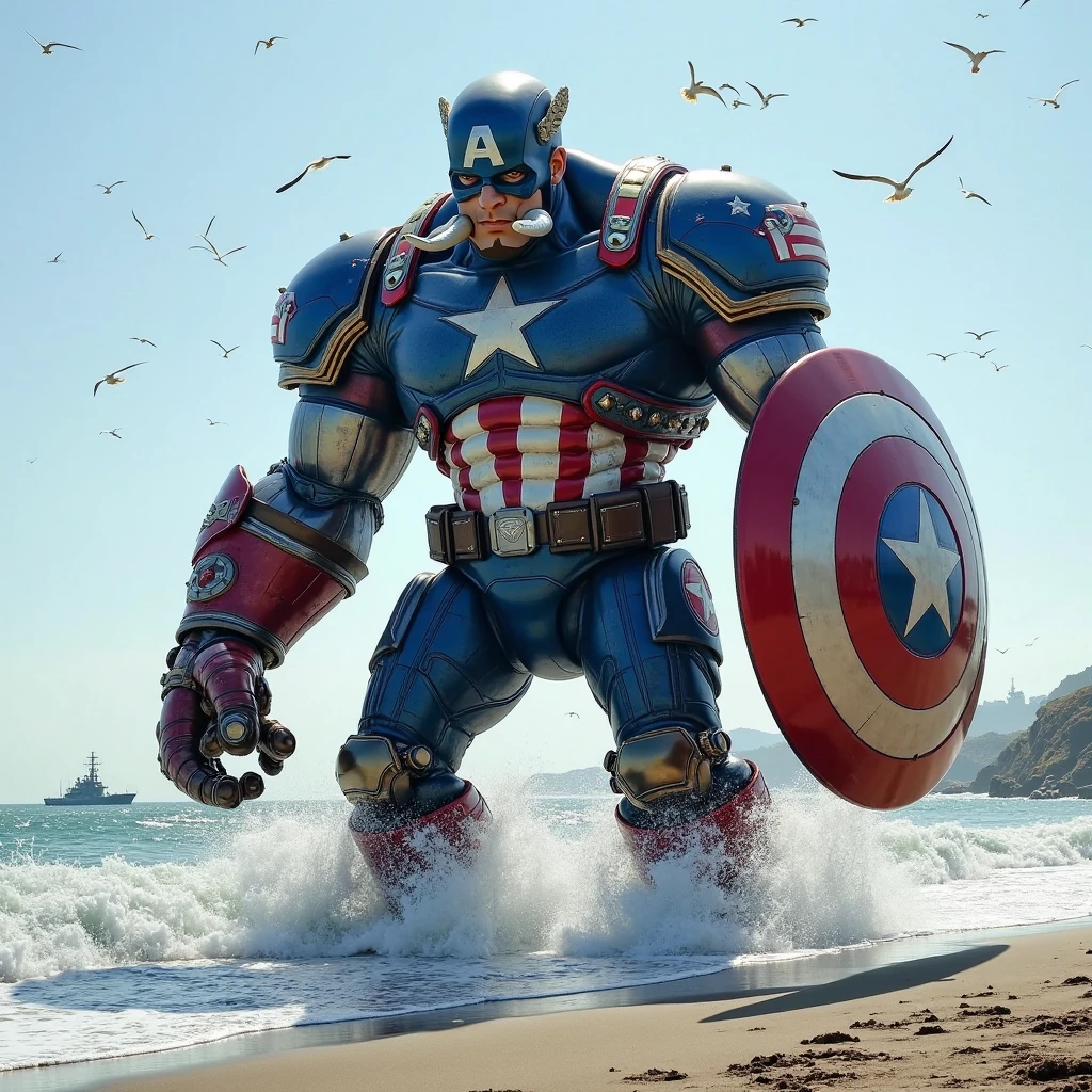 Background: A small, bustling American cityscape with iconic landmarks in the foreground. Captain Liberty looms large and imposing in the background against a clear, blue sky.
Description: Captain Liberty is a towering figure dressed in a red, white, and blue suit adorned with stars and stripes. His muscular physique embodies strength and determination. He wields a massive, glowing shield emblazoned with an eagle and carries a torch that radiates light and hope. His eyes are a piercing blue, filled with resolve and justice.