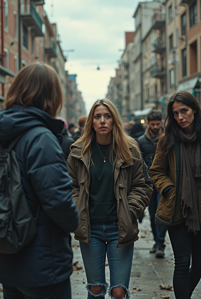 first aid, injury, a street scene in the background, dramatic action pose, loveful pose, thetralic loving action, there are two longhaired girls in high-shine jackets carrying a badly wounded man between themselves, there are two longhaired girls with very angry and frustraded faces carrying a wounded man in their arms, there is a man in matte jeans and cotton shirt between two longhaired girls, there are two longhaired girls holding the legs of a man who is seted in their arms, there is a helpless and wounded man in matte jeans and cotton shirt being lifted by two longhaired girls, there is a wounded man in matte jeans and cotton shirt being held by two longhaired girls in high-shine jackets